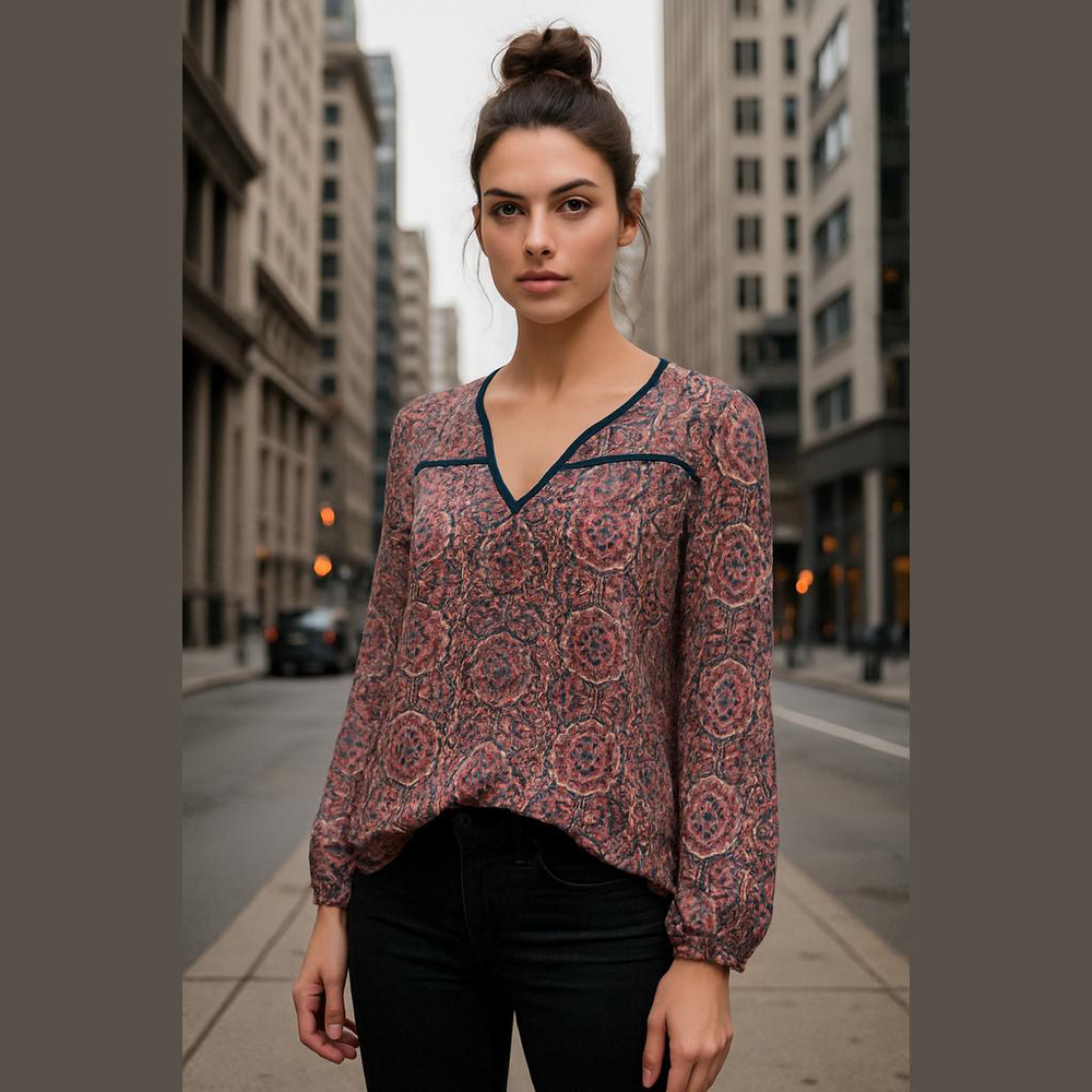 Woven Paisley V-Neck Blouse in Mauve